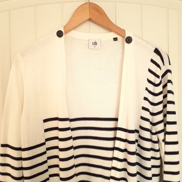Cabi Victory Longline Open Front Striped Duster Cardigan Navy Blue Ivory Size M - Picture 4 of 12